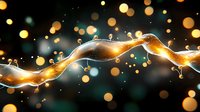 Glowing golden liquid splash with droplets and bokeh lights creating magical wave effect against dark background. Dynamic fluid motion photography.