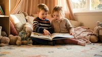 Two young Caucasian children reading book together on cozy sofa with pillows and teddy bears in warm sunlit living room for family bonding and education.