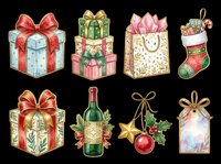 Festive gift boxes, wrapped presents, holiday shopping bags, wine bottle with decorative holly, hanging ornaments, and Christmas stocking isolated on transparent background. Ready for t-shirt designs, clipart, stickers, print-on-demand products, and sublimation projects.