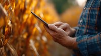 Farmer checking digital tablet in corn field during autumn harvest season, close up view of hands against golden crops at sunset.