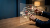 Businessman hands interacting with futuristic holographic interface displaying glowing network connections on transparent screen for digital technology presentations.