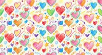 Colorful hand-drawn hearts seamless pattern with doodle elements, stars and love symbols on white background. Tiles perfectly for romantic designs.