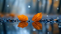 Vibrant orange autumn leaves floating on water surface with perfect reflection, creating symmetrical composition against blurred forest background.