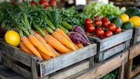 Fresh organic produce in rustic wooden crates at farmers market, including vibrant carrots with tops, beets, tomatoes, citrus fruits and leafy greens arranged for sale.
