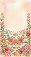 Watercolor floral border frame with roses, hearts, and ornamental scrolls on soft pink background. Isolated design ready for invitations, greeting cards, and wedding stationery projects.