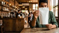 Man holding blank white paper in front of face at wooden table inside bar or restaurant, wearing green shirt, for advertising, marketing, or promotional messaging purposes.