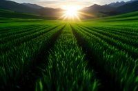 Vibrant green wheat field rows stretching toward dramatic sunset with mountain silhouettes. Golden sunburst illuminates agricultural landscape creating depth and perspective.