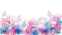 Watercolor lotus flowers in pink and blue tones with line art elements creating dreamy floral border composition for wellness and spa designs.