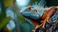 Close-up portrait of blue and orange iguana head with spikes and scales against blurred natural background, showing detailed texture and bright eye.
