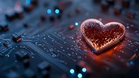 Glowing heart shape on circuit board with red and blue bokeh lights creates futuristic romance concept for technology and love themes, artificial intelligence background.