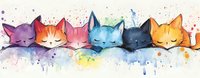 Colorful sleeping cats in watercolor style arranged in row with rainbow splashes and drips, artistic composition for nursery decor and greeting cards.