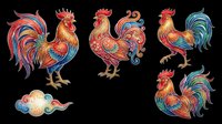Colorful rooster illustrations with ornate decorative patterns, isolated on transparent background. Ready for t-shirt design, clipart, stickers, sublimation, and print-on-demand products.