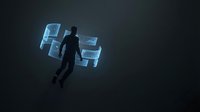 Silhouette of male professional in business suit floating with glowing blue digital interface panels, representing technology innovation and corporate digital transformation solutions.