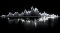 Sound wave visualization with mirror reflection on black background, digital audio spectrum analyzer display showing music frequency waveform pattern.