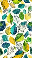 Seamless pattern with stylized leaves in teal, yellow, and green tones on white background. Repeatable botanical design for fabric, wallpaper and surface patterns.