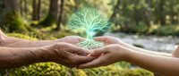 Hands protecting glowing tree symbol in forest setting representing environmental conservation, sustainability, and nature protection concepts for eco-friendly campaigns.