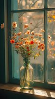 Delicate cosmos flowers in glass jar on wooden windowsill, bathed in warm sunset light creating cozy atmosphere. Natural floral arrangement glows against window panes.