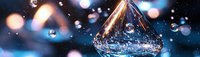 Crystal clear diamond-shaped water droplet with splashes against blurred blue background with bokeh lights. Perfect for luxury cosmetic advertising.
