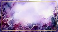 Watercolor floral border with purple and magenta flowers, gold frame, soft blended background, suitable for invitations, cards, and design projects.