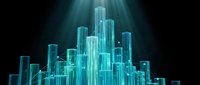 Glowing cyan wireframe city skyline with light rays on dark background, representing digital urban infrastructure and smart technology.