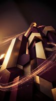 Abstract geometric composition with golden metallic cubes and flowing light trails creating dynamic motion effects on dark background for modern design projects.