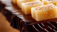 Macro shot of honey caramel candies on dark chocolate bar with textured surface, selective focus on golden sweets showing honeycomb pattern detail.