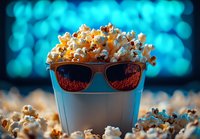 Fresh popcorn overflowing from blue container wearing sunglasses against blurred turquoise bokeh background, creative entertainment concept for movie night.