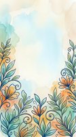 Watercolor floral border with hand-drawn botanical elements, soft teal and orange tones, copy space center for cards, invitations, or social media.