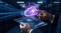 Businessman hands holding tablet with glowing purple cloud computing hologram and data analytics in modern server room for digital transformation.