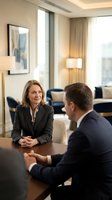 Middle-aged Caucasian woman and man in business attire having professional discussion at wooden table in modern office suite with floor-to-ceiling windows and contemporary furnishings.