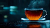 Hot aromatic tea in transparent glass cup on dark background with water drops and steam, dramatic moody lighting creates cozy atmosphere.