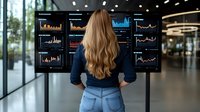 Young blonde businesswoman analyzing financial market data on multiple screens with trading charts and graphs in modern corporate office setting.