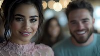 Young diverse couple smiling at camera with soft bokeh lights in background, showing genuine happiness and connection. Modern lifestyle portrait capturing authentic relationship.