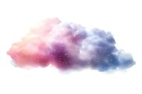 Dreamy cotton candy clouds with sparkling stars in pink, purple and blue gradient colors on white background, isolated design element for creative projects.