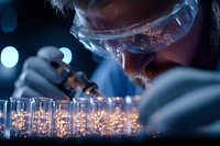 Scientist examining test tubes in laboratory with dramatic lighting and bokeh effect. Close up view shows precision and focus during medical research.
