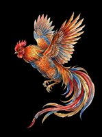 Colorful rooster in flight with vibrant feathers, isolated on transparent background, ready for t-shirts, stickers, sublimation, and print on demand designs.