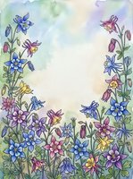 Watercolor floral border with colorful columbine flowers in blue, pink, purple and yellow on soft pastel background with copy space.
