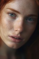 Close-up portrait of a young woman with natural freckles, striking blue eyes, and auburn hair against dark background, showing genuine expression and natural beauty.