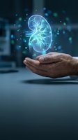 Glowing holographic kidney floating above cupped hands in futuristic medical environment for healthcare technology and nephrology concepts.