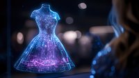 Glowing holographic dress form with blue and purple neon light effect floating in dark space, futuristic fashion technology concept with bokeh background.