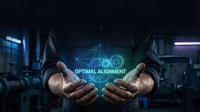 Businessman hands presenting holographic optimal alignment network with glowing blue geometric connections in modern industrial workspace for technology concepts.