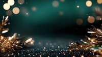 Magical festive background with golden sparkles and bokeh lights on dark teal surface, creating dreamy holiday atmosphere. Glittering tinsel decorations frame scene.