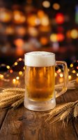 Fresh beer mug with foam on wooden table with wheat ears and warm bokeh lights background for pub restaurant menu design.