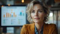 Professional blonde businesswoman in orange blazer analyzing financial data charts in modern office environment for corporate presentations.