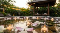 Romantic garden pond with floating rose petals and glowing candles at sunset, perfect for wedding ceremonies, spa treatments, and luxury relaxation concepts.