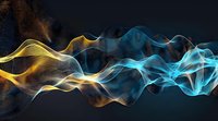 Ethereal flowing waves of gold and turquoise light create dynamic abstract pattern against dark background, glowing energy streams intertwine in graceful motion.