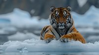 Majestic Siberian tiger resting on snow-covered ice, displaying powerful presence against winter landscape. Orange and black stripes contrast dramatically with white surroundings.