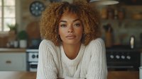 Young African American woman with natural curly hair wearing white knit sweater relaxing at home in kitchen, looking at camera with confident expression.