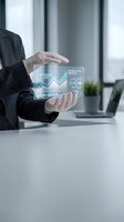 Businessman hands displaying holographic interface with productivity metrics and efficiency data in modern office environment for business analytics presentations.