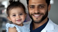 Middle Eastern male doctor in white coat smiling with happy toddler girl patient in medical office, healthcare and pediatric care concept showing trust and positive medical experience.